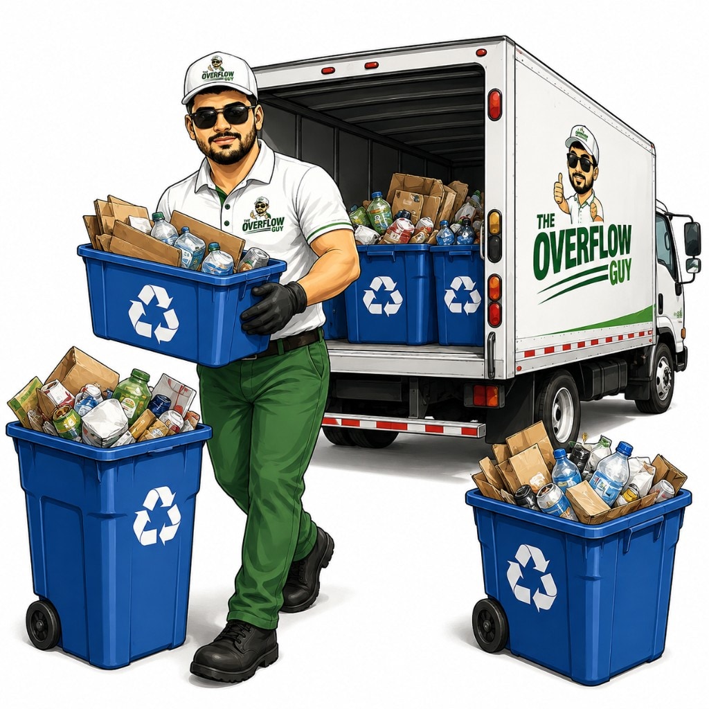 The Overflow Guy carrying a recycling bin to the service truck